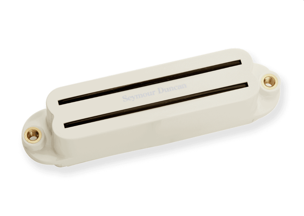 Seymour Duncan SHR-1B Hot Rails Strat pickup showing black rail design and wiring terminals for electric guitar sound.