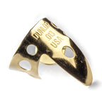 Dunlop brass finger pick .013 inch for guitar playing, shown on a white background with metal finish and ergonomic design.