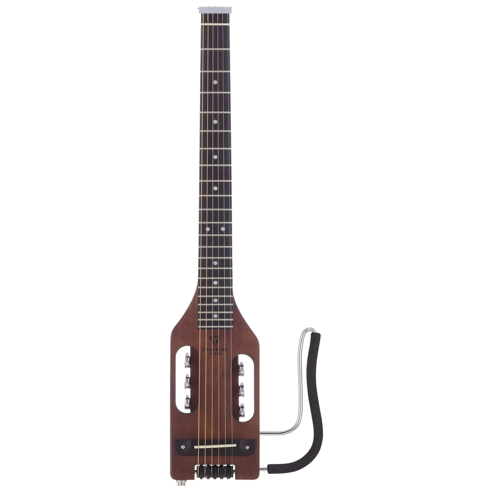Traveler Guitar Ultra-Light Acoustic/Electric guitar in mahogany, showing its compact body and ergonomic design for travel musicians.