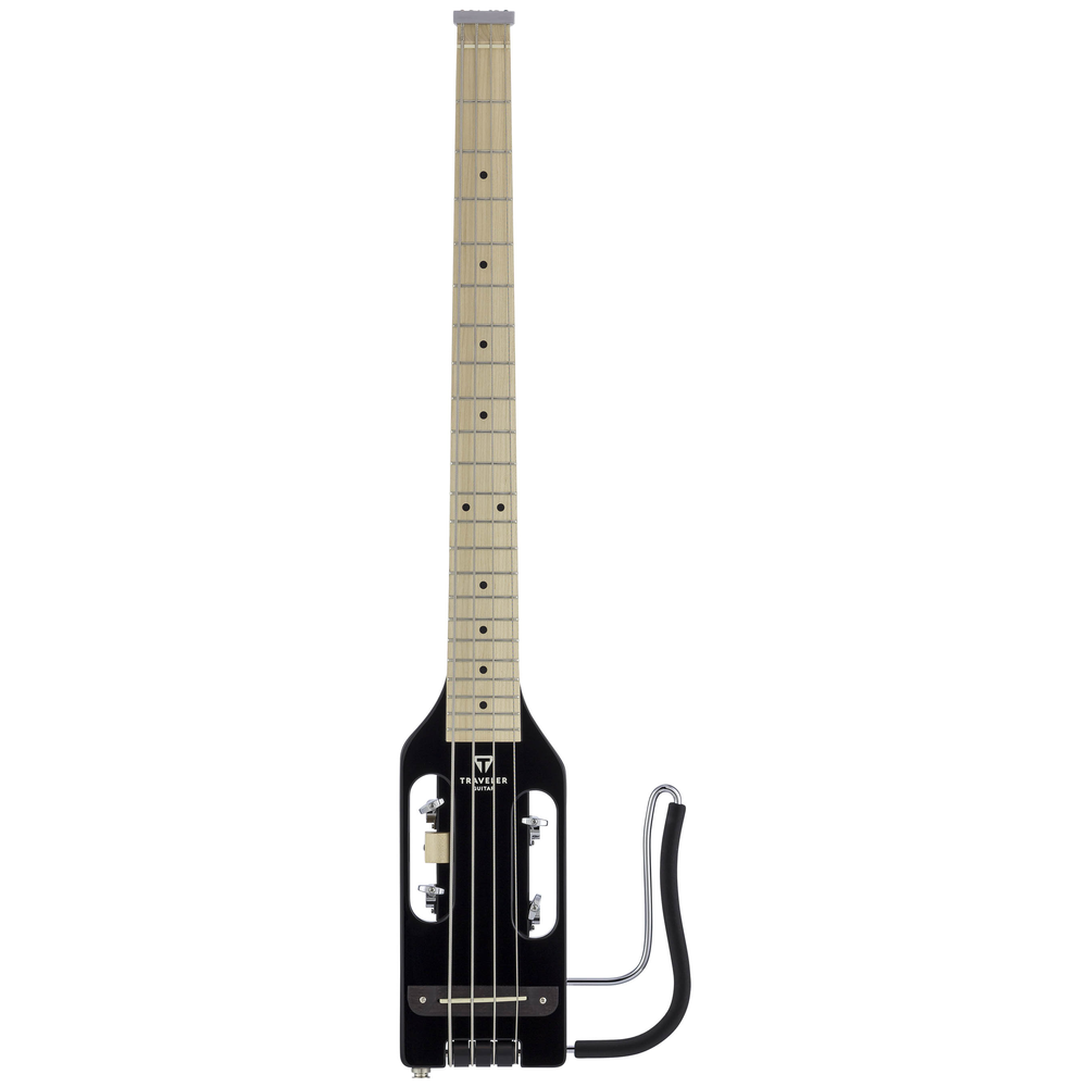 Traveler Guitar Ultra-Light Bass Guitar in glossy black finish, compact and portable electric bass guitar for travel and practice.