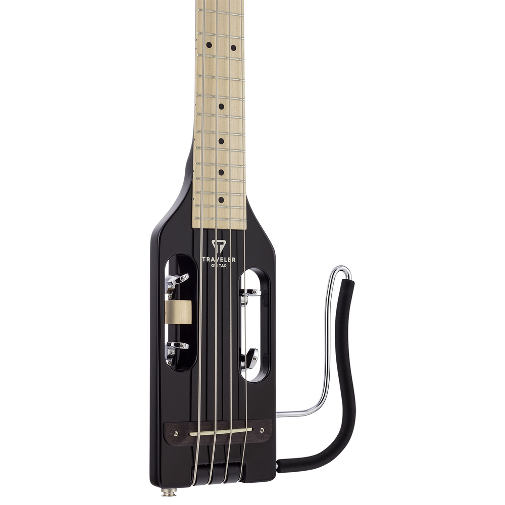 Traveler Guitar Ultra-Light bass guitar in glossy black, compact and portable design, perfect for travel and on-the-go playing.