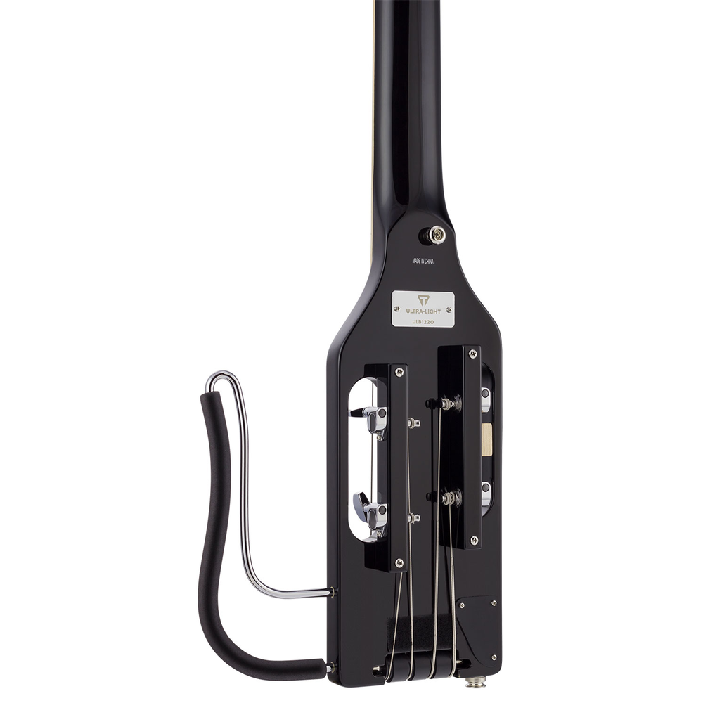 Traveler Guitar Ultra-Light Bass Guitar in glossy black finish, compact and portable electric bass guitar for travelers.