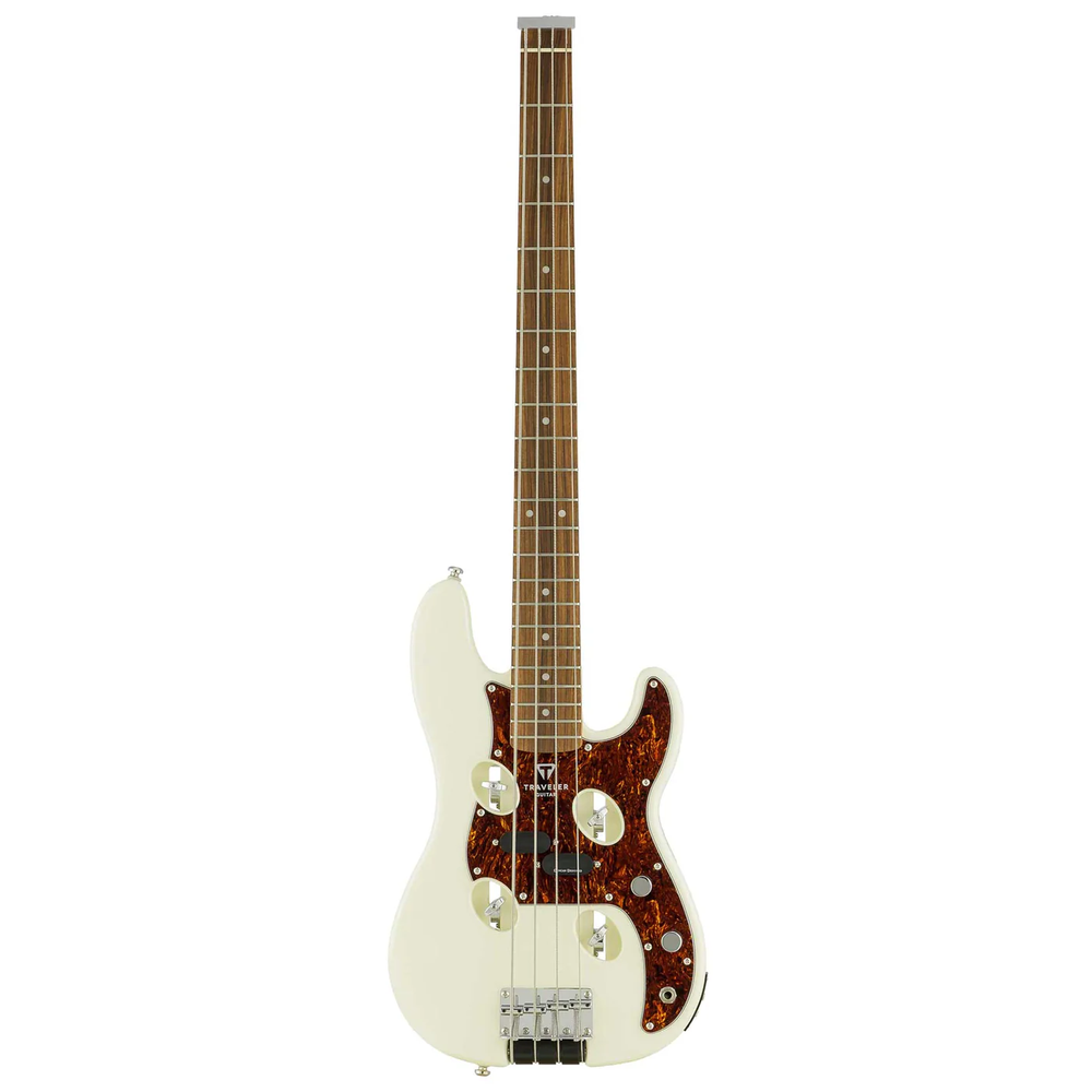 Traveler Guitar TB-4P bass guitar in pearl white, compact travel bass with four strings and a sleek finish.
