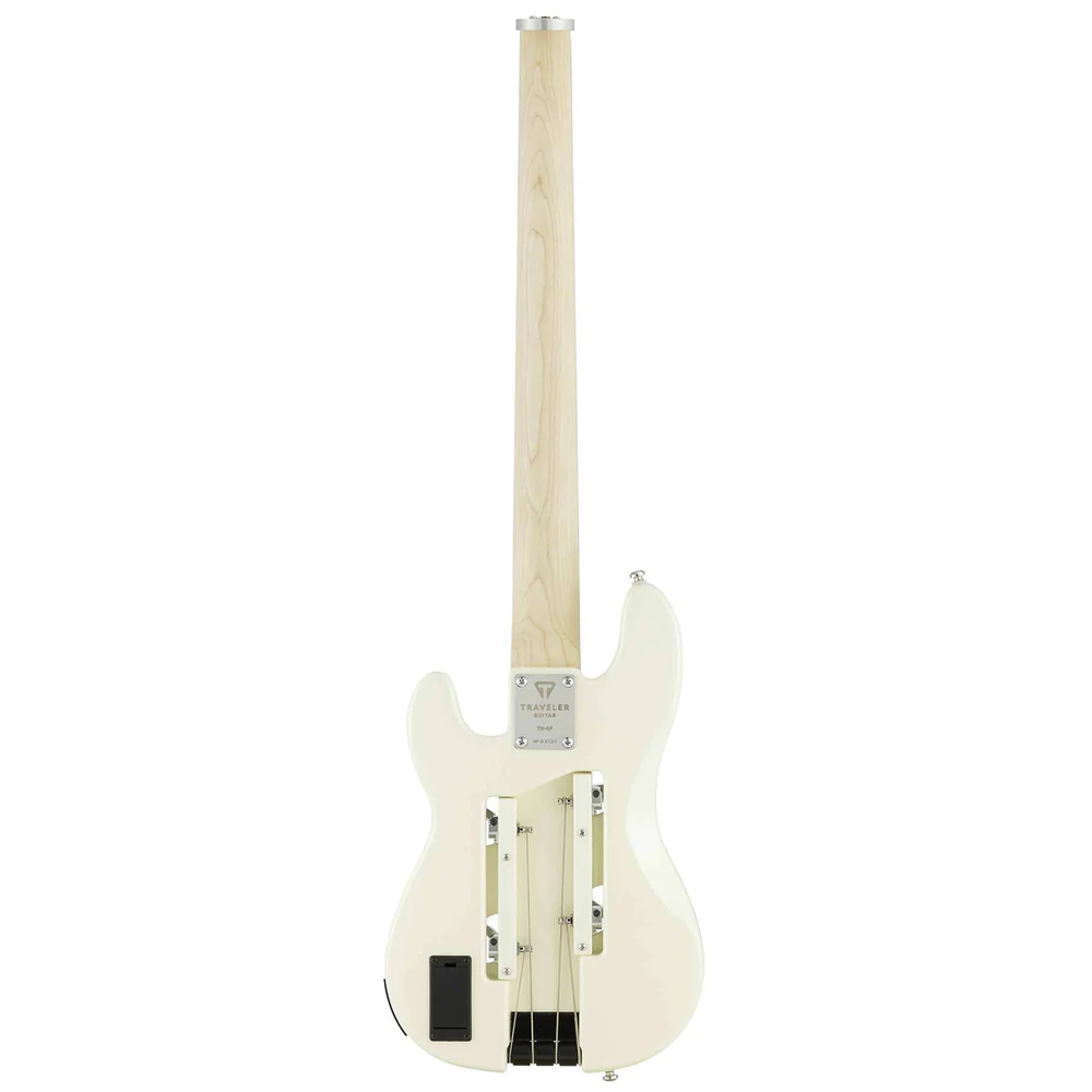 Traveler Guitar TB-4P bass guitar in pearl white, showcasing its compact body, four strings, and modern design.