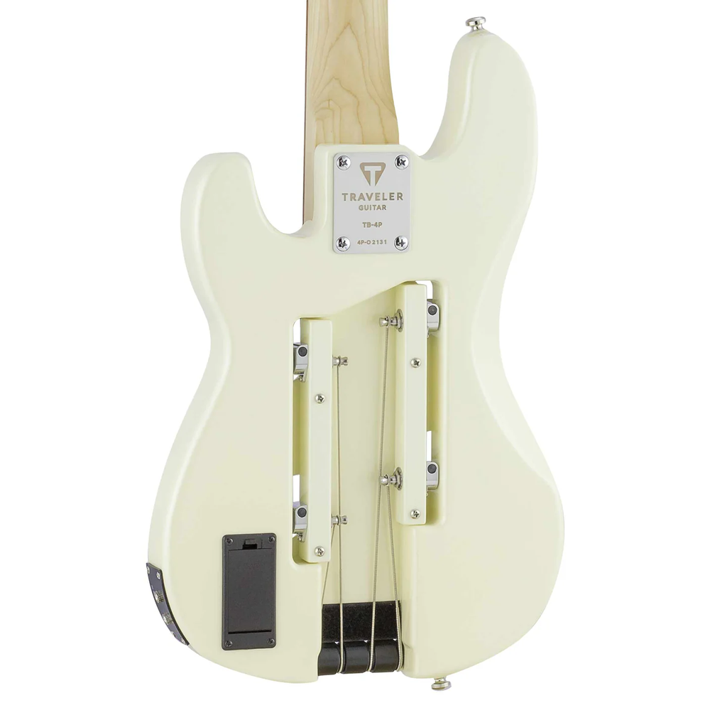 Traveler Guitar TB-4P bass guitar in pearl white, compact electric bass with four strings and modern design.