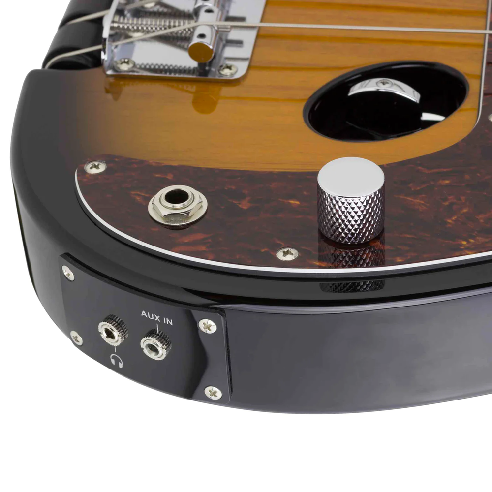 Traveler Guitar TB-4P bass guitar in sunburst finish, showcasing its compact design and four-string setup for portable playing.