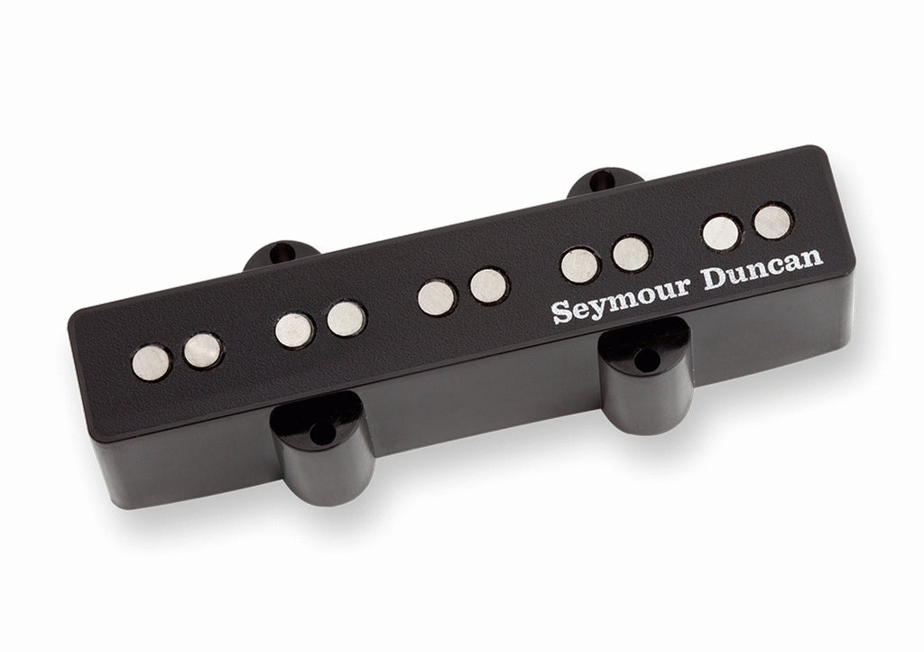 Seymour Duncan SJ5N-70/74 5-string Jazz Bass pickups installed on a bass guitar, showcasing their black plastic covers.