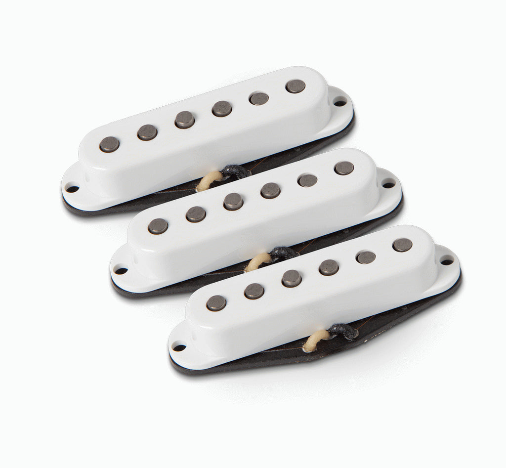 Seymour Duncan Joe Bonamassa Signature Bonnie Strat pickup set, non-aged, shown with four single-coil pickups for electric guitar.