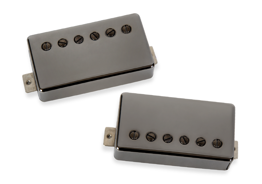 Seymour Duncan Slash 2.0 Signature guitar pickup set in black nickel finish, showcasing two pickups with detailed wiring and mounting hardware.
