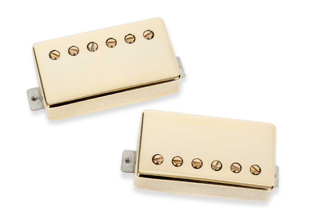 Seymour Duncan Slash 2.0 signature gold guitar pickup set showing two humbucking pickups with gold covers on a plain background.