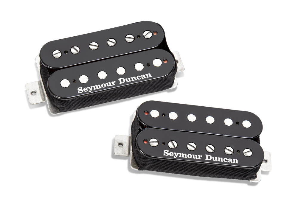 Black Seymour Duncan Alex Skolnick guitar pickup set showing two humbucker pickups with branding and wiring details.