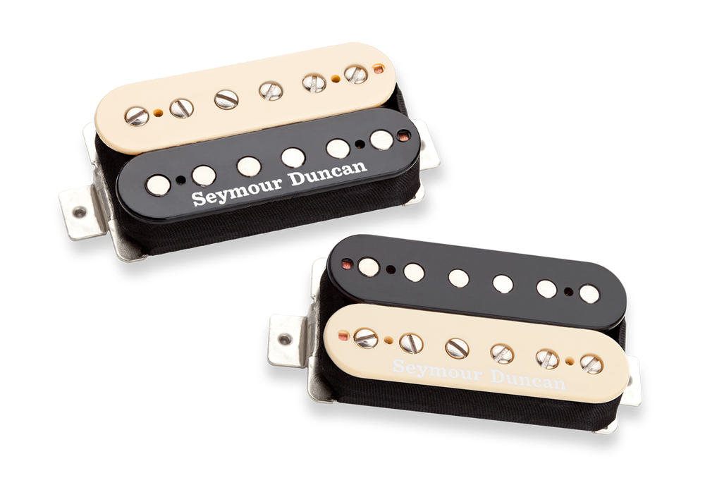 Seymour Duncan Alex Skolnick Pickup Set in zebra pattern for electric guitars, featuring two high-performance guitar pickups.