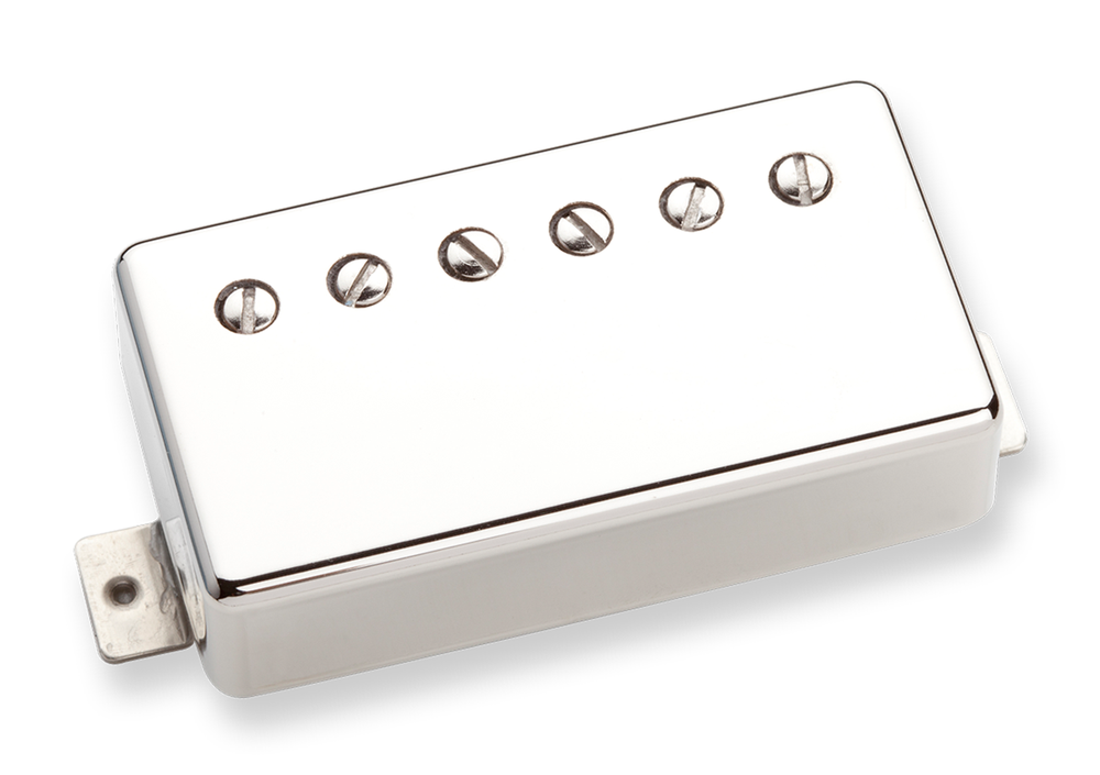Seymour Duncan Alex Skolnick Neck pickup in nickel finish mounted on guitar, showcasing the pickup's sleek design and construction.