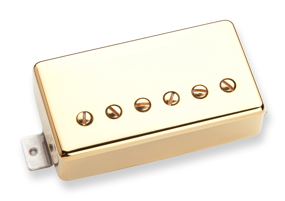 Seymour Duncan Exciter Bridge Pickup in gold for electric guitar, showing the pickup with mounting hardware and gold finish.