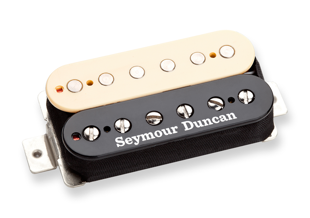 Seymour Duncan Exciter Bridge Pickup in reverse zebra finish, showcasing the single-coil guitar pickup with distinctive black and white zebra pattern.