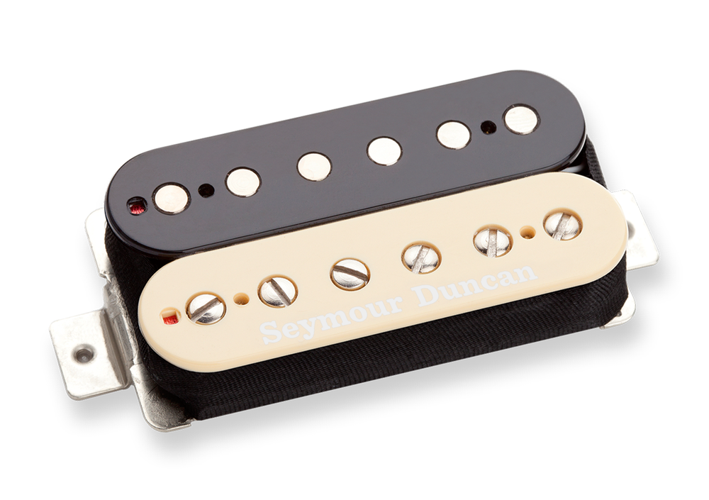 Seymour Duncan Exciter Bridge Pickup in Zebra pattern, guitar pickup with black and white striped design and mounting hardware.