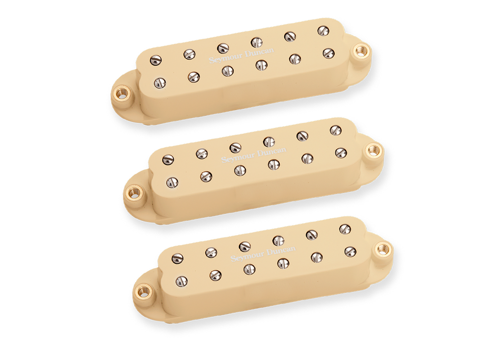 Seymour Duncan Little 78 Stratocaster pickup set in cream, showing close-up of three compact guitar pickups for electric guitar.