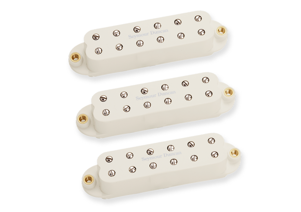 Seymour Duncan Little 78 Stratocaster pickups set in parchment, showing compact humbucker and single-coil pickups for electric guitar.