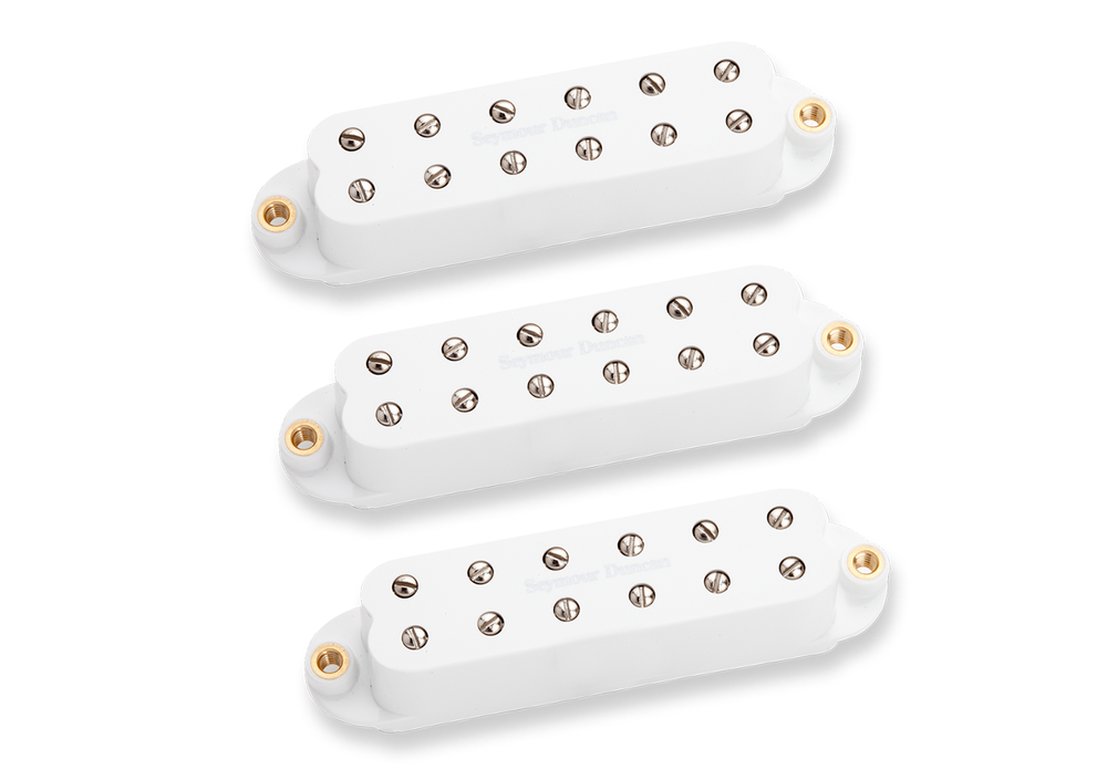 Seymour Duncan Little 78 Stratocaster pickup set in white, showing two compact guitar pickups with mounting hardware.