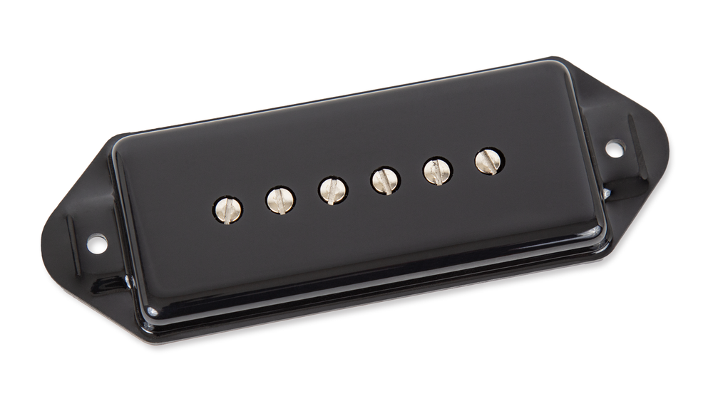Black Seymour Duncan Silencer P90N Dog Ear guitar neck pickup, showing the pickup with mounting hardware and coil details.