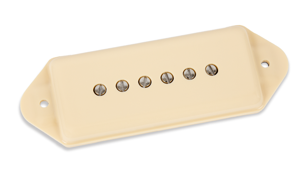 Seymour Duncan Silencer P90N dog ear guitar neck pickup in cream color, showcasing its vintage-style design and mounting hardware.