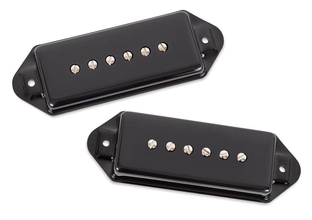 Seymour Duncan Silencer P90N Dog Ear guitar pickup set in vintage black, with two P90 pickups featuring dog ear designs.