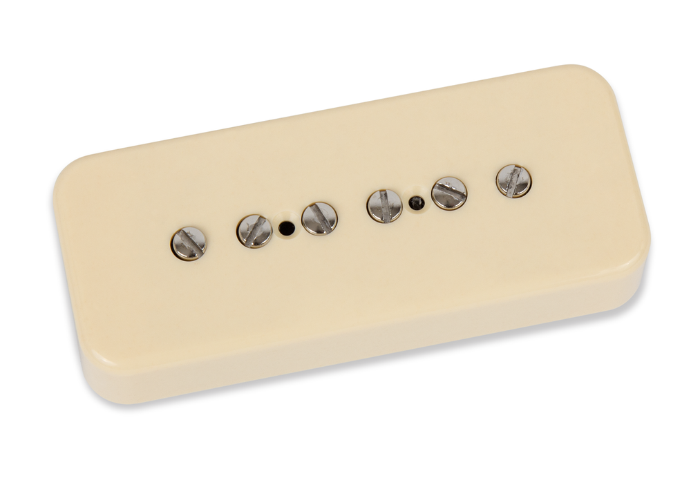 Seymour Duncan Silencer P90B Soapbar guitar bridge pickup in vintage cream, showing the pickup with mounting hardware.