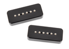 Seymour Duncan Silencer P90 soapbar guitar pickup set in vintage black, showing two pickups with wiring and mounting hardware.