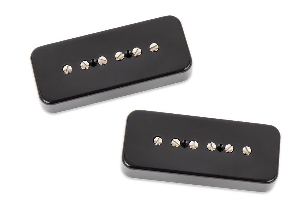 Seymour Duncan Silencer P90 soapbar guitar pickups in hot black finish, shown with mounting hardware and wiring.