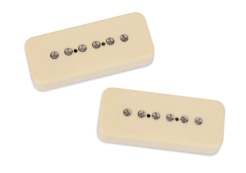 Seymour Duncan Silencer P90 soapbar guitar pickup set in hot cream color, featuring two pickups with mounting hardware.