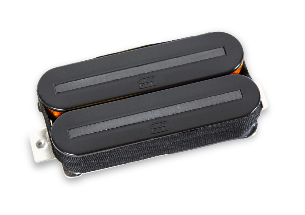 Black Seymour Duncan Slug Rail Neck Humbucker guitar pickup with rail design, ideal for neck position, showcasing its sleek construction.