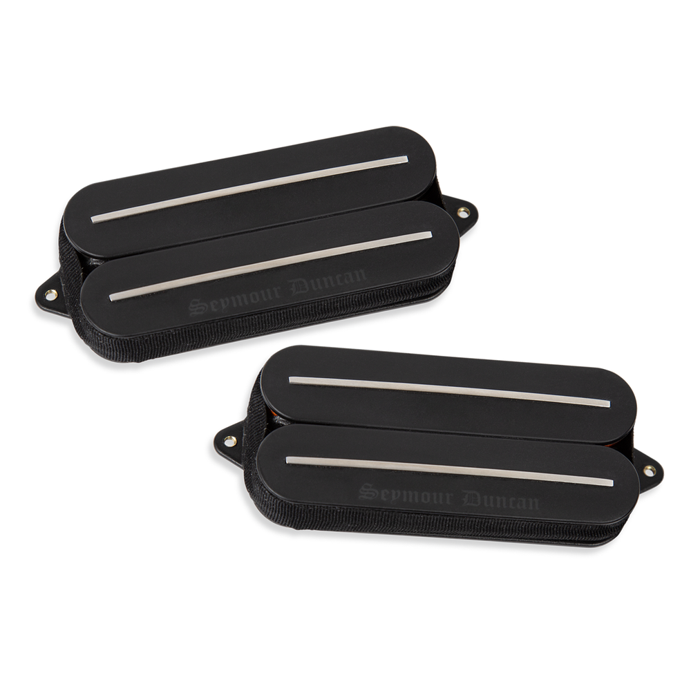 Seymour Duncan Black Winter Rail 7-string guitar pickups set with black covers and rail design for heavy metal tone.
