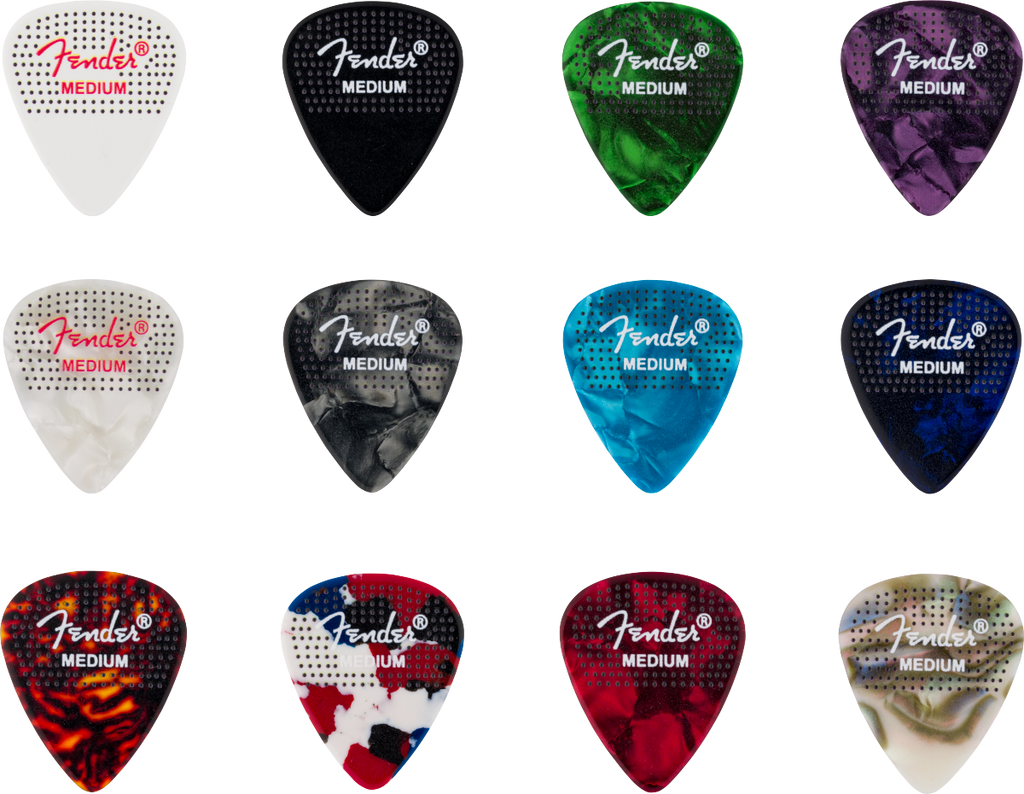 Fender 351 Dotted Celluloid Guitar Picks, 12-pack, medium gauge, featuring dotted design for comfortable grip and precise strumming.