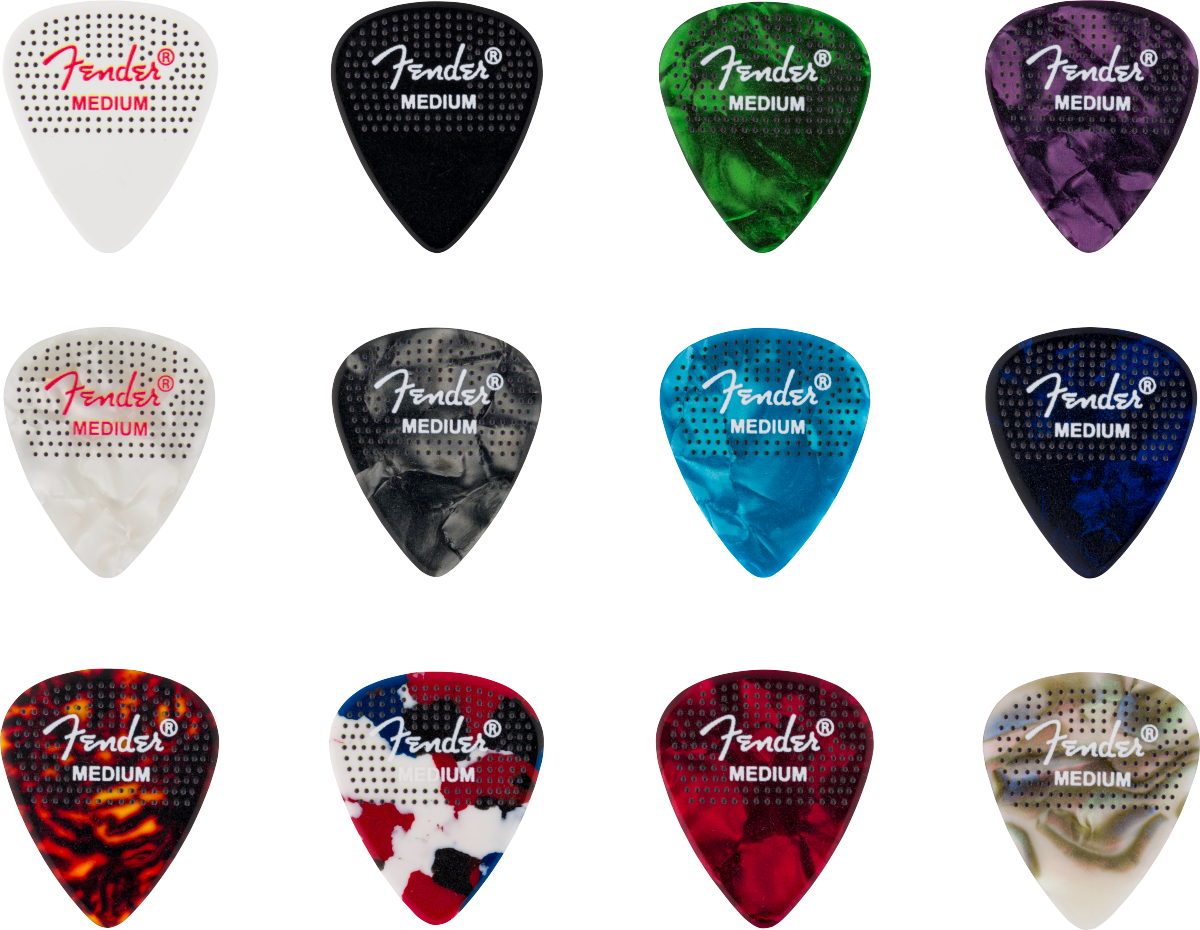 Fender 351 Dotted Celluloid Guitar Picks, 12-pack, medium gauge, featuring dotted design for comfortable grip and precise strumming.
