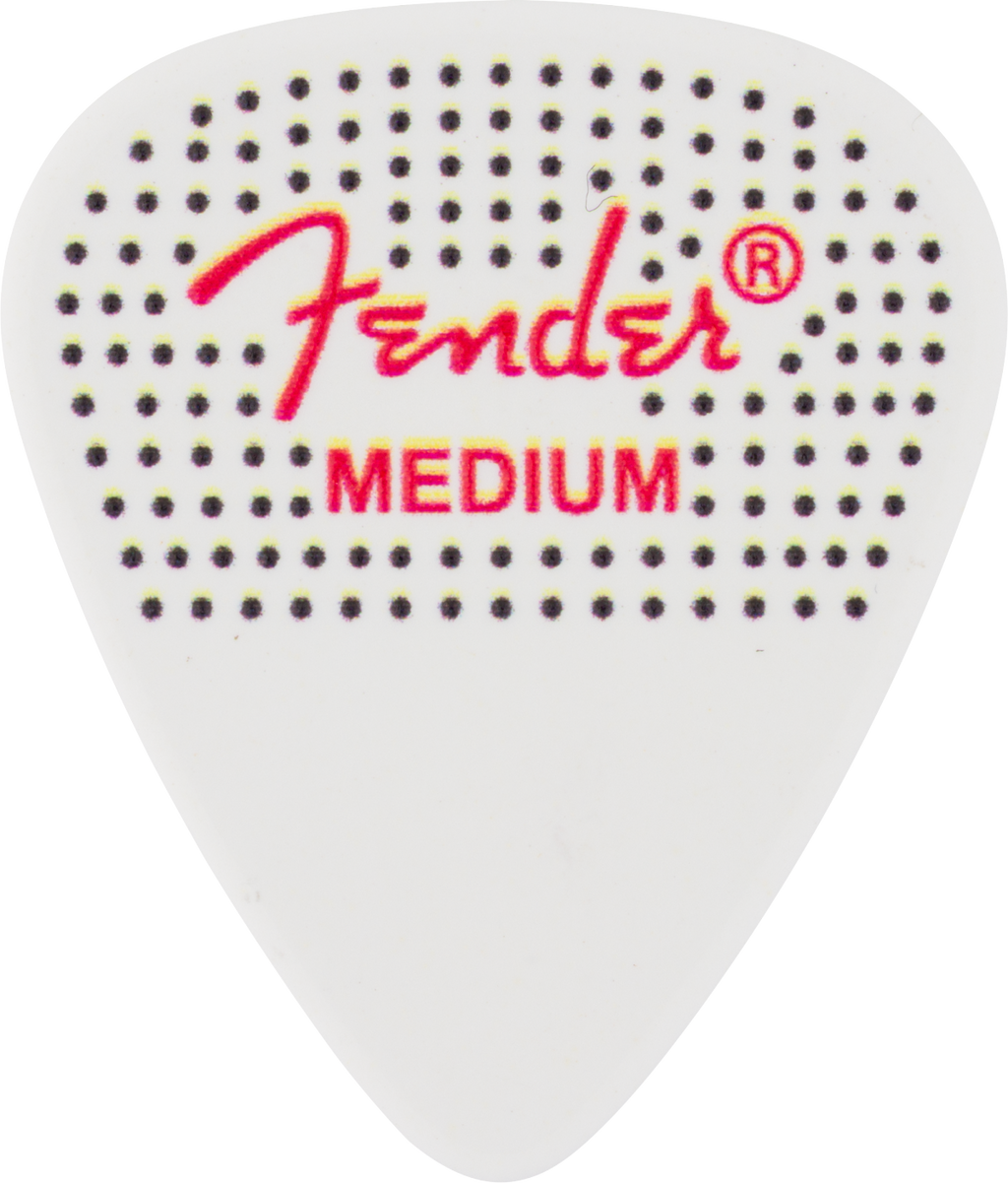 Fender 351 Dotted Celluloid Guitar Picks, 12-pack, medium size, with dotted design, ideal for versatile guitar playing.