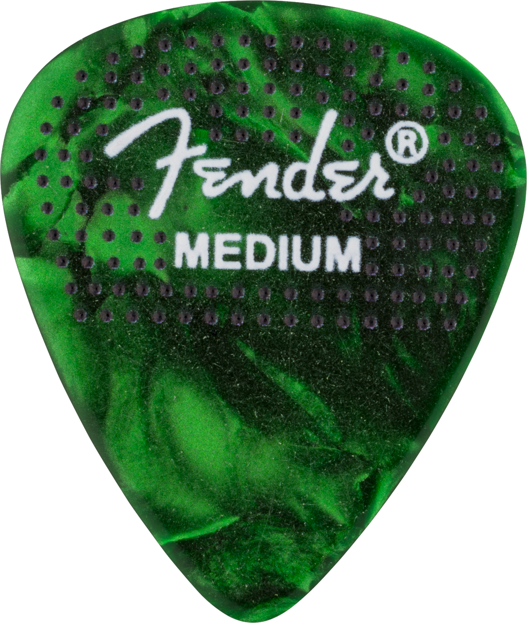 Fender 351 Dotted Celluloid Guitar Picks, 12-pack, medium gauge, showing dotted design and transparent material.