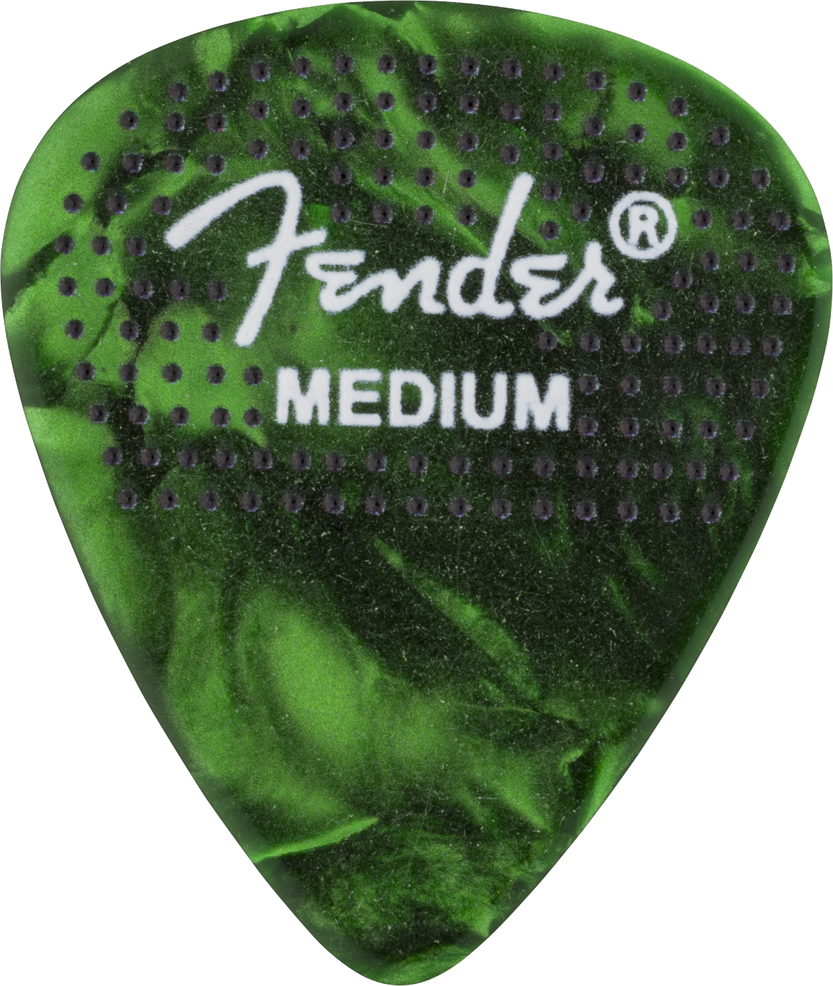 Fender 351 Dotted Celluloid Guitar Picks, 12-pack, medium gauge, showing dotted design and transparent material.