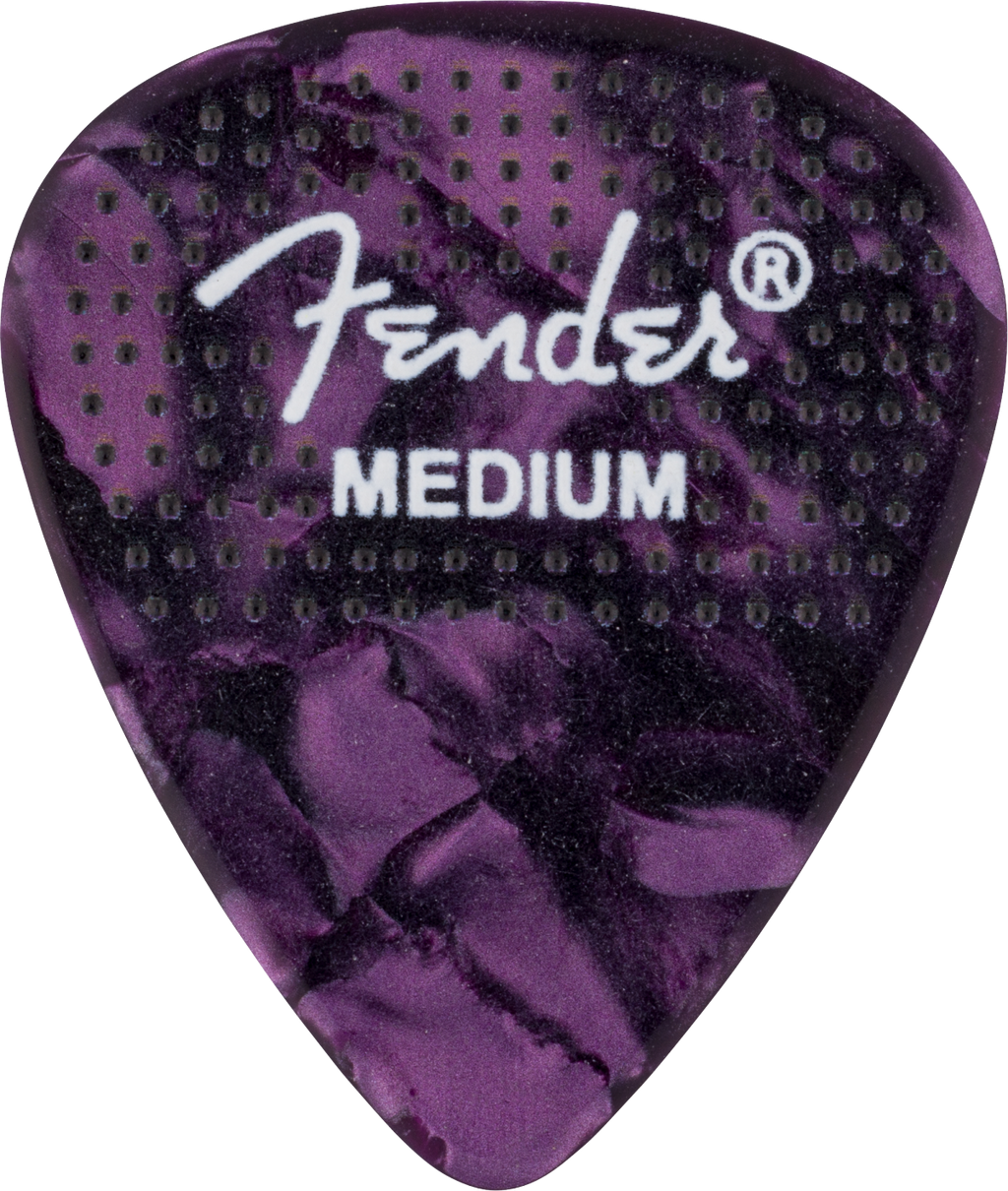 Fender 351 Dotted Celluloid Guitar Picks, Medium 12-pack, featuring dotted design and smooth surface for versatile playing.