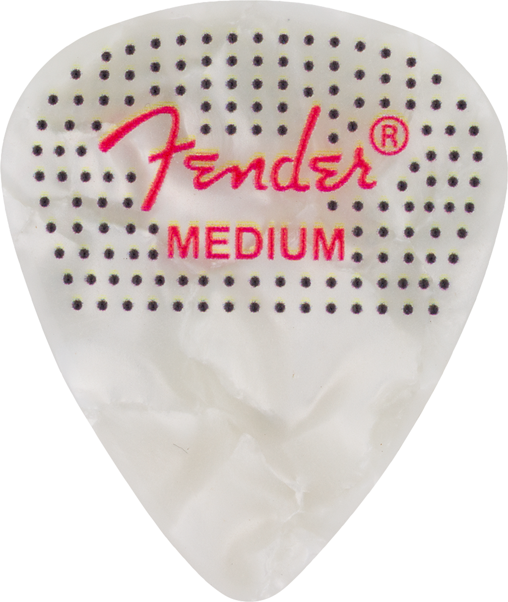 Fender 351 Dotted Celluloid Guitar Picks, Medium, 12-pack, showing dotted design and various pick shapes on a white background.