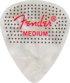 Fender 351 Dotted Celluloid Guitar Picks, Medium, 12-pack, showing dotted design and various pick shapes on a white background.