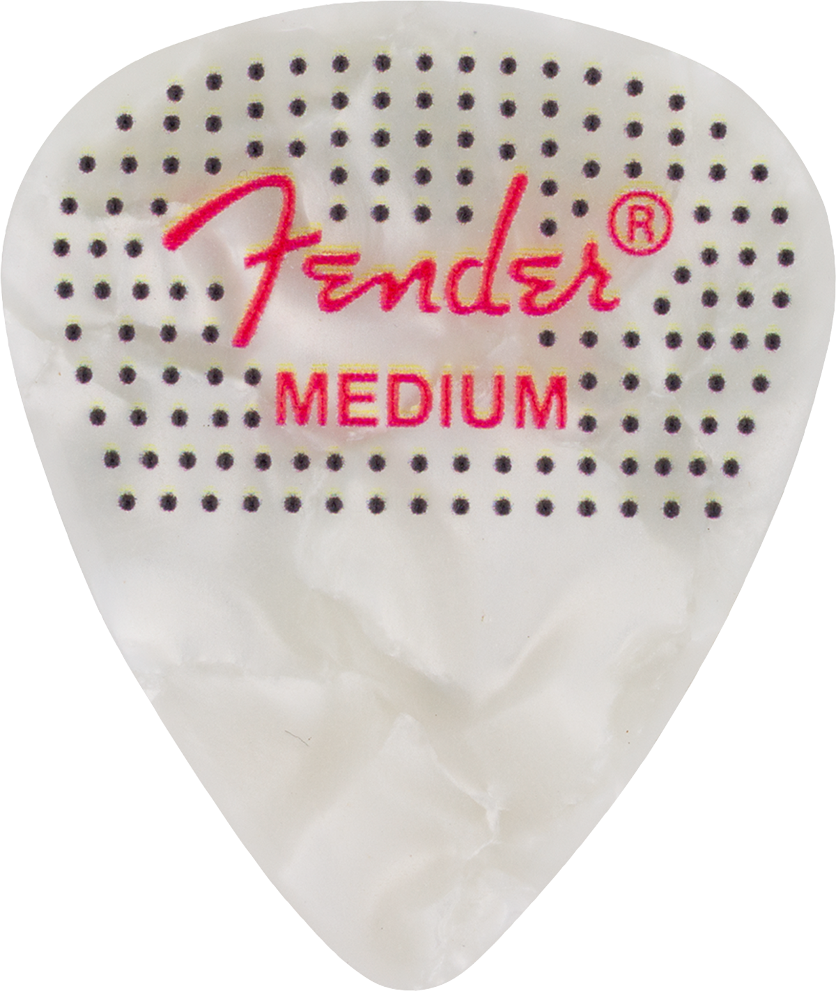 Fender 351 Dotted Celluloid Guitar Picks, Medium, 12-pack, showing dotted design and various pick shapes on a white background.