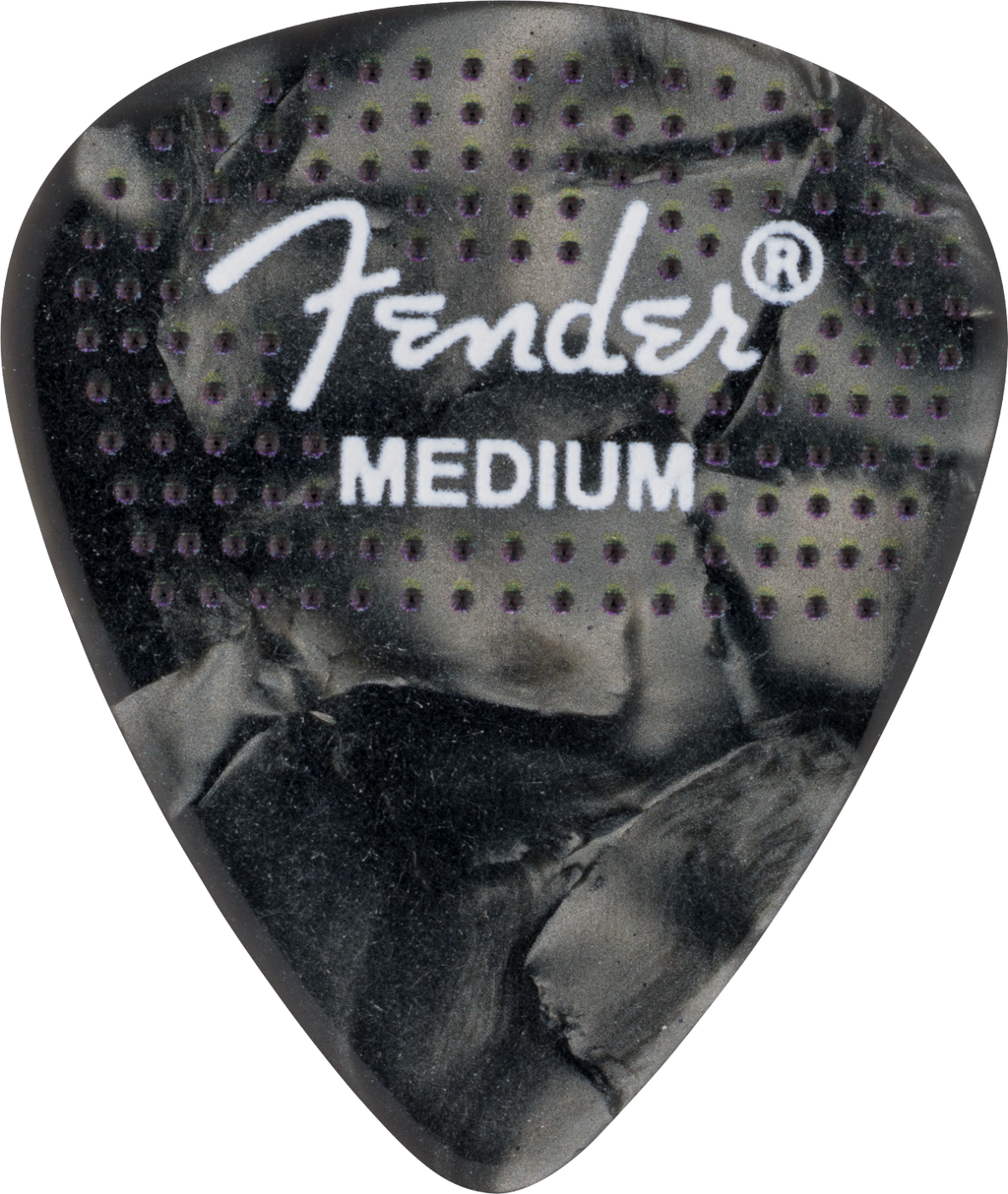 Fender 351 Dotted Celluloid Guitar Picks, 12-pack, medium thickness, showing dotted design and Fender branding.