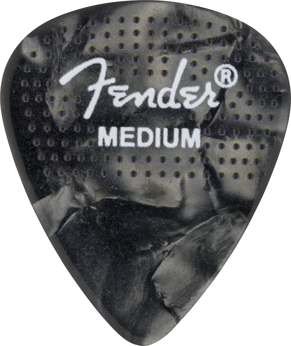 Fender 351 Dotted Celluloid Guitar Picks, 12-pack, medium thickness, showing dotted design and Fender branding.