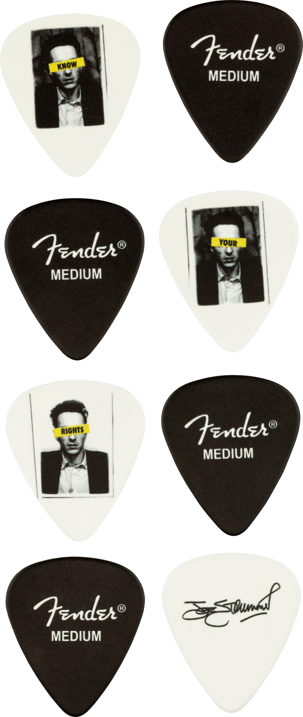 Fender Joe Strummer Medium Tim guitar pick, made of plastic, featuring bold design, suitable for electric guitar playing.