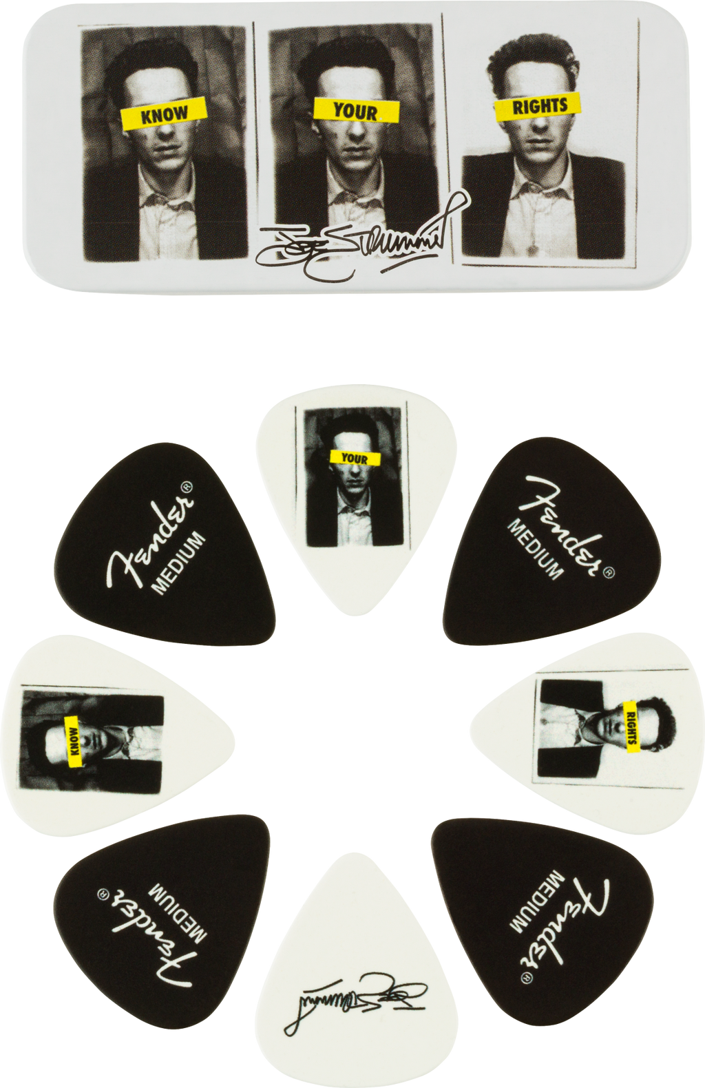 Fender Joe Strummer Medium Tim guitar pick, 8-pack, durable plastic, with bold design, ideal for electric guitar players.