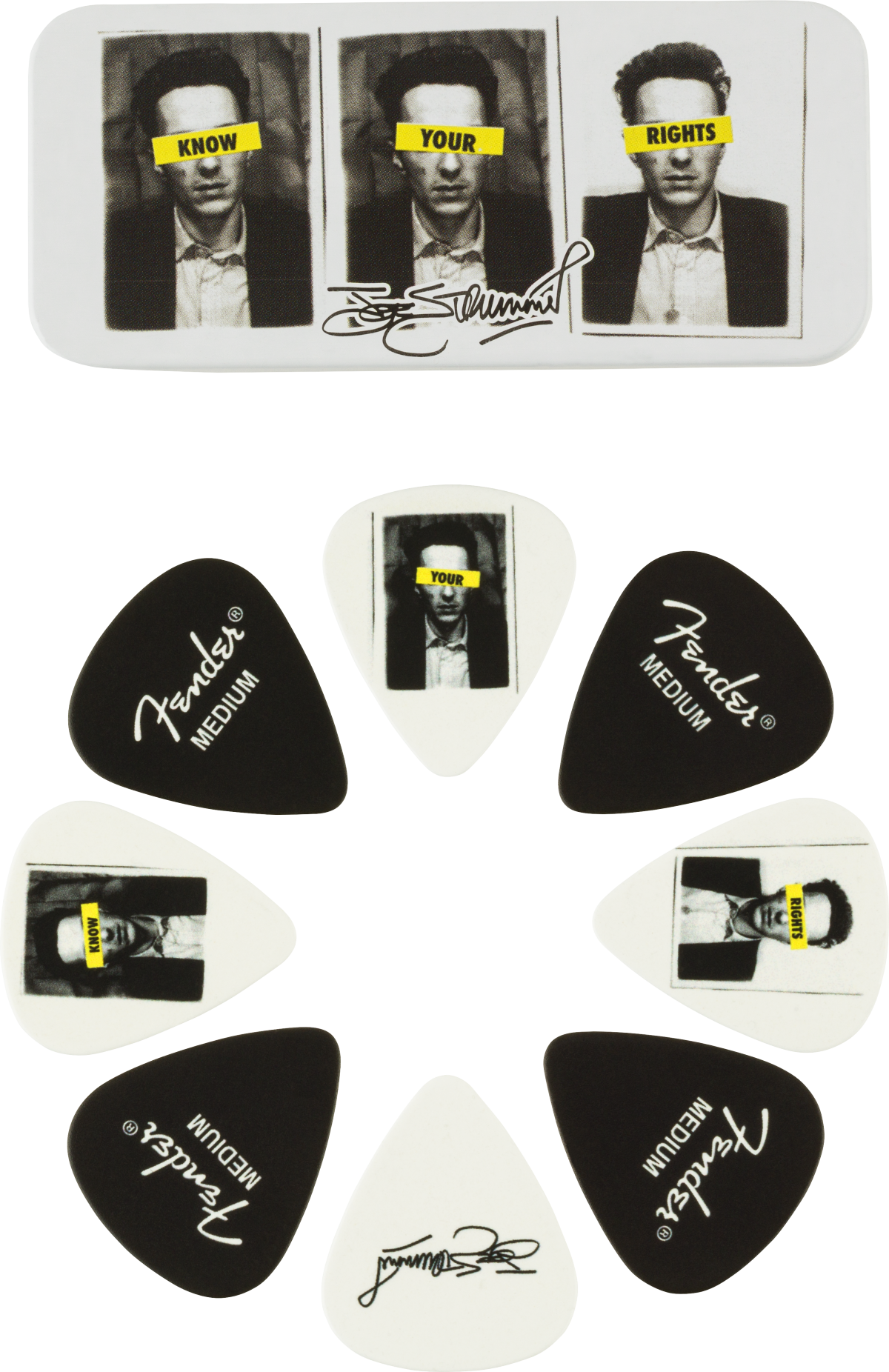 Fender Joe Strummer Medium Tim guitar pick, 8-pack, durable plastic, with bold design, ideal for electric guitar players.