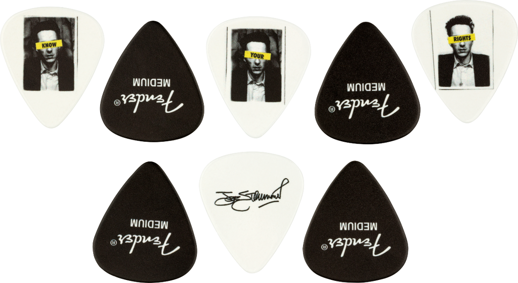 Fender Joe Strummer medium gauge guitar pick, 8-pack, with bold graphic design, used for strumming and picking on electric guitars.