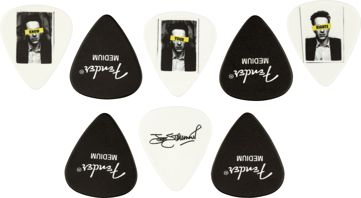 Fender Joe Strummer medium gauge guitar pick, 8-pack, with bold graphic design, used for strumming and picking on electric guitars.