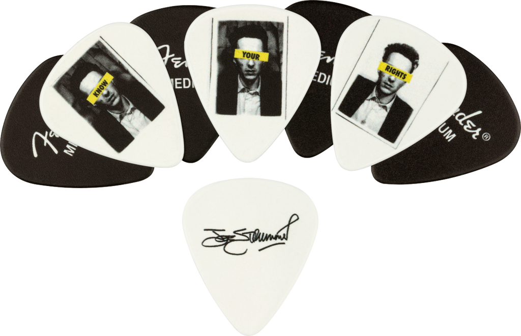 Fender Joe Strummer Medium Tim guitar pick, lightweight plastic, with graphic design, used for electric guitar playing.