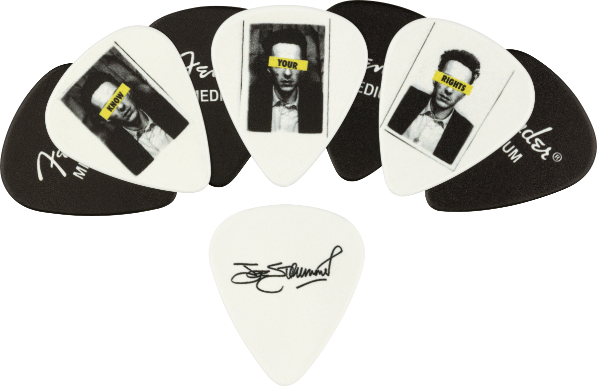 Fender Joe Strummer Medium Tim guitar pick, lightweight plastic, with graphic design, used for electric guitar playing.